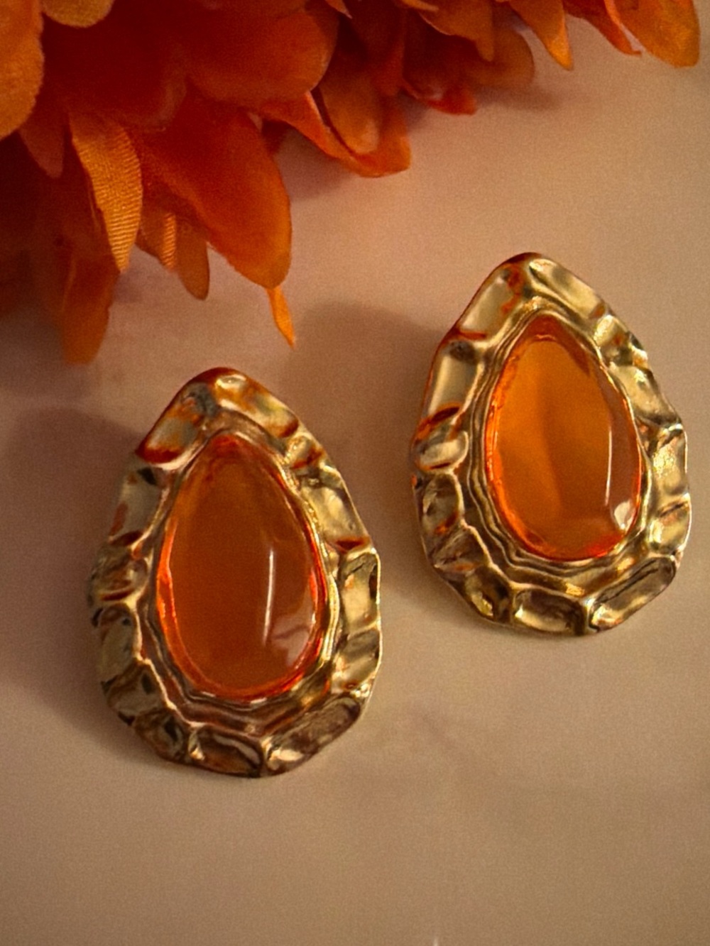 Anne Klein Gold-Tone Earrings with Orange Teardrop Centers
